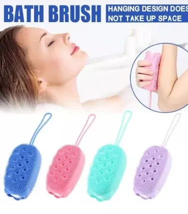 2-in-1 silicone body scrubber bath sponge with exfoliating bristles and soft sponge texture, ideal for gentle cleansing and massage for women, men, and kids.