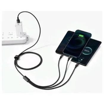 Ronin R-2015 3in1 120W Super Fast Charging Cable with Type-C, iPhone Lightning, and Micro USB connectors, featuring a durable black nylon braided design.