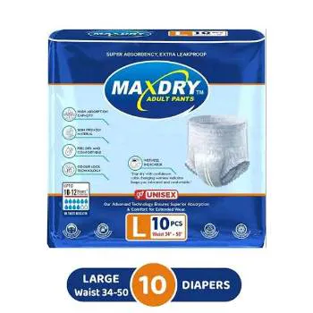 Maxdry Adult Pants Large 10 Pcs (Unisex) - 12-Hour Protection for Incontinence, showing a pack of adult pull-up style diapers for men and women.