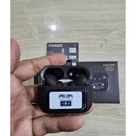 ** A9 Pro wireless TWS Earbuds with touch-screen LCD charging case, featuring Active Noise Cancellation (ANC), Environmental Noise Cancellation (ENC) for calls, and Bluetooth 5.4 technology. The image shows the sleek black earbuds placed inside their innovative display case, highlighting the digital screen and ergonomic design, suitable for audiophiles seeking premium sound and smart controls.