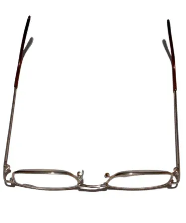 Gold-tone plastic frame reading glasses with +4.00 glass lenses, rectangular shape, and adjustable silicone nose pads for clear vision and comfort.