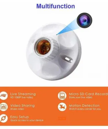 CCTV WiFi Bulb Holder HD 1080 Wireless Surveillance Camera, seamlessly integrated into a standard light bulb socket, offering discreet 1080p security monitoring and remote access via WiFi for smart homes.