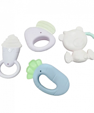 Vibrant 4-piece sensory rattles and teethers set for baby development and teething relief, featuring various textures, shapes, and colors safe for infants from 3 months+.