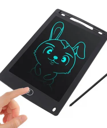 12-inch LCD writing and drawing tablet for kids, eco-friendly digital sketch pad, children's magic tablet, portable electronic notepad with stylus, blue color, shown in use by a child, Khareedo Pakistan
