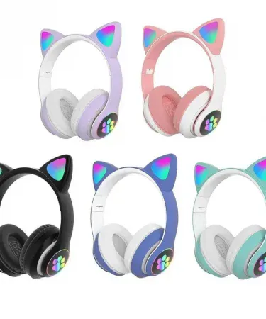 STN28 Beautiful Cat Headphones Wireless Bluetooth 5.1 with cat ears and LED lights, available in Pink, Black, Purple, Green, Blue, featuring super bass stereo sound for kids and adults, compatible with Android and iPhone, Khareedo Pakistan.