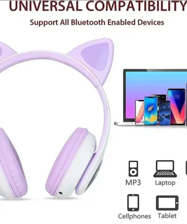 STN28 Beautiful Cat Headphones Wireless Bluetooth 5.1 with cat ears and LED lights, available in Pink, Black, Purple, Green, Blue, featuring super bass stereo sound for kids and adults, compatible with Android and iPhone, Khareedo Pakistan.