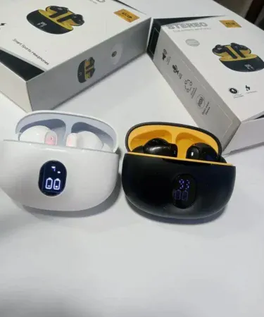 ** black and white Wireless Stereo Earbuds Model 895 with charging case, featuring Bluetooth 5.3, smart touch controls, long-lasting battery, and clear voice technology from Khareedo|Kharedo.