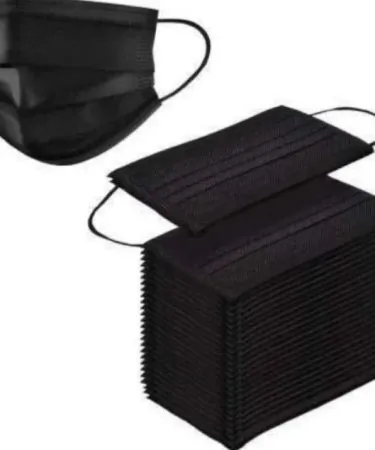 A stack of [10 Pcs] Stealth Black 3-Ply Disposable Face Masks shown with an included white ear saver strap, highlighting their sleek black finish, protective layers, and comfort features for extended wear.