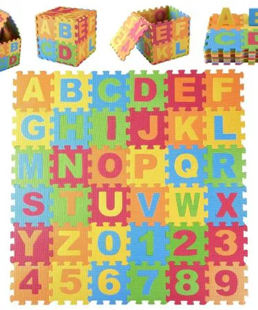 Large interlocking ABC and 123 foam play mat for toddlers, featuring colorful detachable letter and number puzzle tiles assembled on a soft floor, with a child interacting.