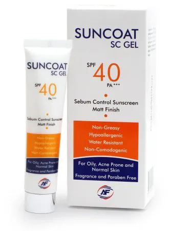 Suncoat SC gel SPF 40 oil-free sunscreen for oily and acne-prone skin, transparent gel texture, no white cast, sun protection, shine-free finish.