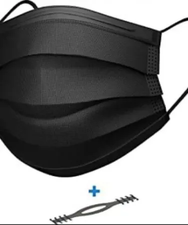 A stack of [10 Pcs] Stealth Black 3-Ply Disposable Face Masks shown with an included white ear saver strap, highlighting their sleek black finish, protective layers, and comfort features for extended wear.