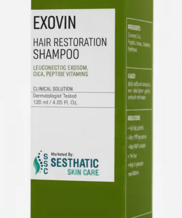 Exovin Hair Restoration Serum bottle with advanced formula for hair fall prevention, new hair growth, and strong, dense hair featuring Exosomes, Cica, Peptides, and Vitamins.