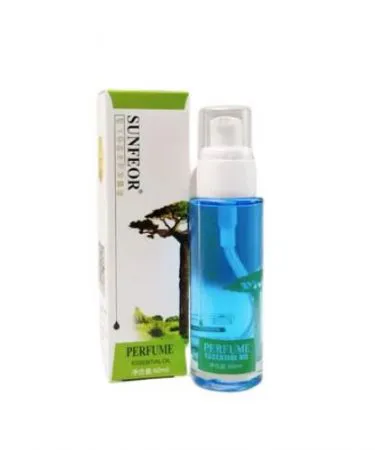 Sunfeor essential perfume hair repair oil bottle with argan, shown restoring shine to healthy hair, perfect for damaged, frizzy, and dyed hair.