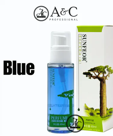 Sunfeor essential perfume hair repair oil bottle with argan, shown restoring shine to healthy hair, perfect for damaged, frizzy, and dyed hair.