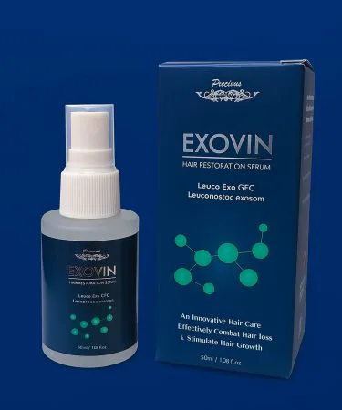 Exovin Hair Restoration Serum bottle with advanced formula for hair fall prevention, new hair growth, and strong, dense hair featuring Exosomes, Cica, Peptides, and Vitamins.