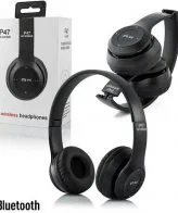 Sleek black rechargeable headphones, folded compactly for easy portability, on a minimalist background. Ideal for travel and on-the-go listening from Khareedo & Kharedo, available with check on delivery in Pakistan.