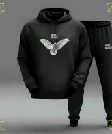 ** Men's black fleece hooded tracksuit with "RISE AGAIN" white dove graphic, ideal for winter.