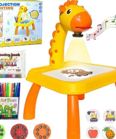 A cheerful yellow Giraffe Drawing Projector Table for Kids, with a child tracing an image projected onto the drawing board, accompanied by colorful pens, projection discs, and other art accessories.