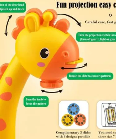 A cheerful yellow Giraffe Drawing Projector Table for Kids, with a child tracing an image projected onto the drawing board, accompanied by colorful pens, projection discs, and other art accessories.