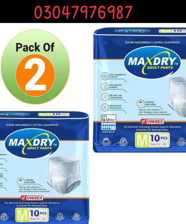 Maxdry Adult Pants 20 Pcs Unisex pack for 10-12 hour incontinence protection, showing comfortable and discreet design for men and women.