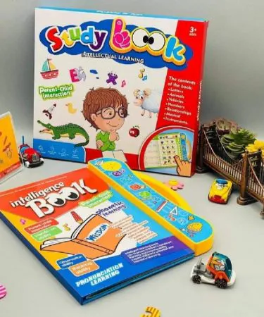 Intelligence Book interactive phonetic and writing learning toy for toddlers 3+ with electronic sound panel, erasable writing board, and S Pen, showcasing English alphabet learning