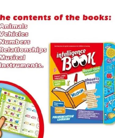 Intelligence Book interactive phonetic and writing learning toy for toddlers 3+ with electronic sound panel, erasable writing board, and S Pen, showcasing English alphabet learning