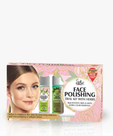Soft Touch Face Polishing Kit 7 Items with Skin Shiner, Soothing Lotion, Bleach Powder, Oxidizing Emulsion, Double Action Cleanser, Vitamin E Cream, and Mudd Mask for glowing skin.