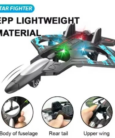 Star Fighter RC Jet Drone flying in air, blue and black remote control fighter aircraft with LED lights, EPP quadcopter performing a roll.