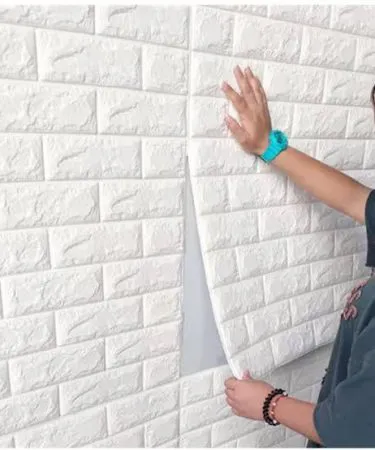 White 3D Foamic Brick Sheet 70x77cm self-adhesive foam wall panel, realistic brick texture for modern home decor DIY.