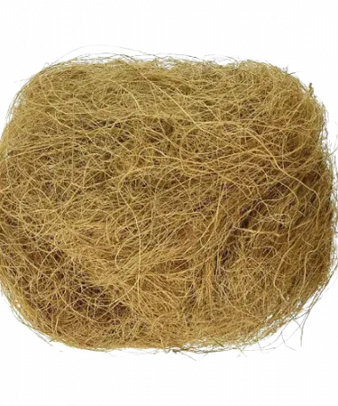 Close-up of Coconut Haven eco-friendly coco coir nesting material, showing natural dried coconut fibers, suitable for small birds and finches, 120g pack for comfortable bird nests.