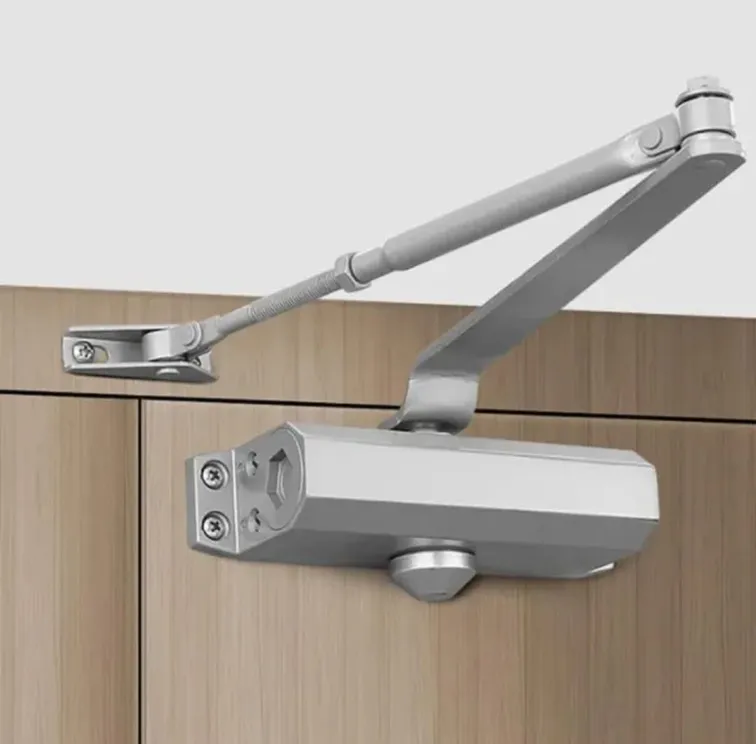 Small residential automatic hydraulic door closer in aluminum finish, UL listed for interior and exterior use, showing parallel and regular arm types, ANSI Grade 2 compliant.