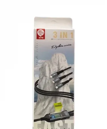 You Sheng Ku 3-in-1 100W fast charging and data cable with Type-C, Micro USB (Android), and Lightning connectors, 1.2 meters in length.