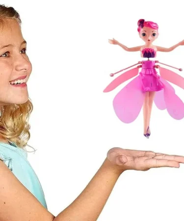 Magical Flying Fairy Doll with dazzling LED lights in flight, controlled by a child's hand, rechargeable toy for girls, available at Khareedo Pakistan.