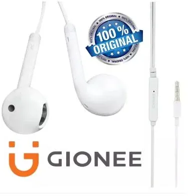 GIONEE original white 3.5mm handsfree earphones with mic for mobile tablet laptop, compatible with Android, featuring deep bass and stereo sound, available at Khareedo Pakistan