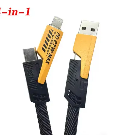 4-in-1 universal fast charging data cable 1 meter, 65W super flash charge, 27W PD power delivery, USB Type-C to Lightning and Type-C, premium nylon braided multi-cable with Zinc alloy connectors.