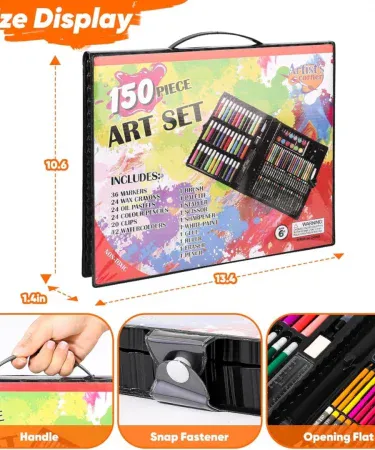 ** YASSUN 150-piece children's watercolor pen and brush set gift box, open to reveal a full range of non-toxic art supplies including crayons, colored pencils, gouache, an easel, and various accessories, perfect for artists and beginner painters.