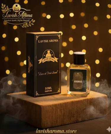 Khumar Luxury Perfume 50ml for men, alcohol-free, long-lasting, fresh woody green elegance fragrance bottle with elegant packaging.