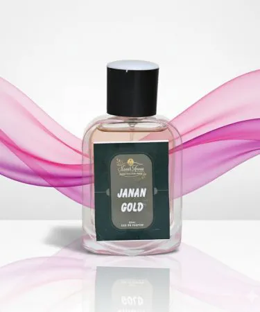 Janan Gold Luxury Perfume 50ml bottle for men, featuring a bold fruit and leather scent with top notes of bergamot, black currant, pineapple and base notes of vanilla, amber, and rich leather.