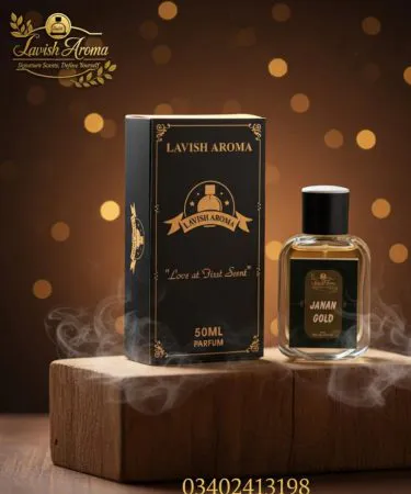 Janan Gold Luxury Perfume 50ml bottle for men, featuring a bold fruit and leather scent with top notes of bergamot, black currant, pineapple and base notes of vanilla, amber, and rich leather.