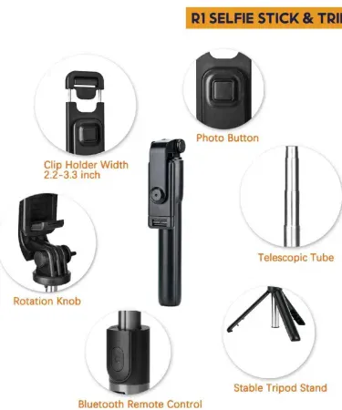 R1S 4-in-1 Selfie Stick Tripod with Bluetooth Remote and rechargeable light, extended for vlogging with an iPhone, showing the foldable design and stable base. Perfect mobile stand for travel and photography.