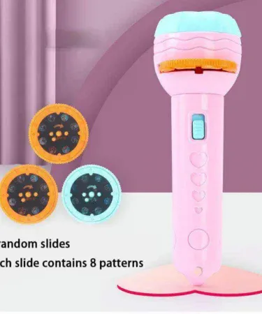 Kids playing with Projector Torch, projecting animal and plant images on a wall, interactive educational toy, children's night light.