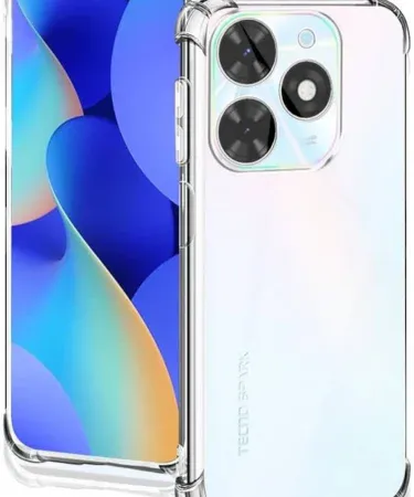 Tecno Spark 20 Transparent Back Cover Soft Crystal Clear Case with Four Sides Bumper Protection showing precise cutouts and sleek design for Tecno Spark 20 mobile phone.