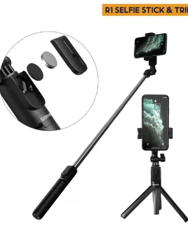 R1S 4-in-1 Selfie Stick Tripod with Bluetooth Remote and rechargeable light, extended for vlogging with an iPhone, showing the foldable design and stable base. Perfect mobile stand for travel and photography.