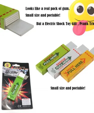 Three packs of classic shocking chewing gum in white, yellow, and green colors for pranks and jokes.