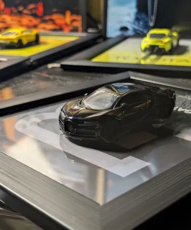 Bugatti Chiron 3D Car Frame featuring a 1:43 scale diecast metal car with opening doors, set in a premium 10.5x8.5 inch black wall frame, perfect for stylish room decor for boys and car enthusiasts.