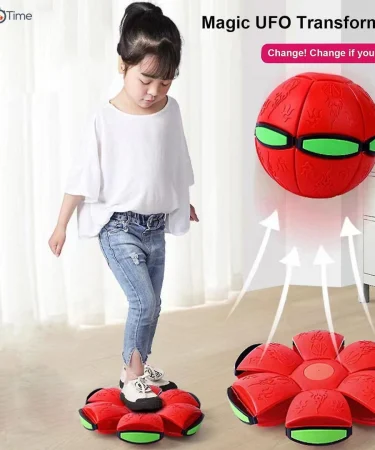Magic Flying Saucer Ball Frisbee deformation UFO Football LED light up flying toy in both frisbee and ball forms, showing bright LED lights. Transforming toy for kids and adults, ideal for outdoor play, promoting activity.