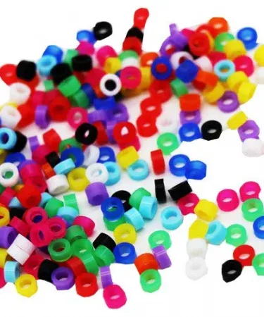 A set of 10 colorful, high-quality Diamond Dove and Finch leg bands in various vibrant shades, displayed neatly, ready for avian identification and style enhancement.