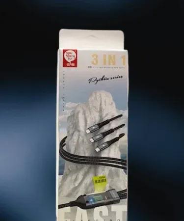 You Sheng Ku 3-in-1 100W fast charging and data cable with Type-C, Micro USB (Android), and Lightning connectors, 1.2 meters in length.