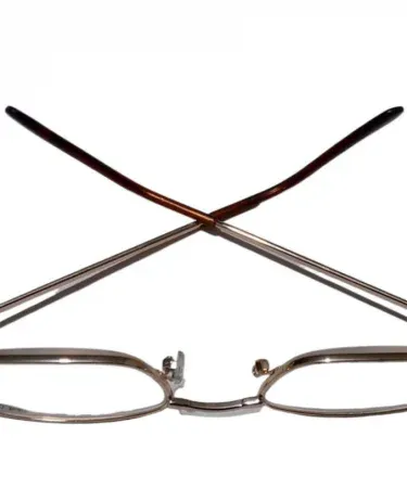 Gold-tone plastic frame reading glasses with +4.00 glass lenses, rectangular shape, and adjustable silicone nose pads for clear vision and comfort.