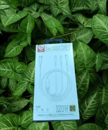 New 120W 3-in-1 fast charging and data transfer cable with Lightning, Android (Micro USB), and Type C (USB-C) connectors, featuring pure copper wire and 1.2 meters length, suitable for iPhone, Samsung, Huawei devices.